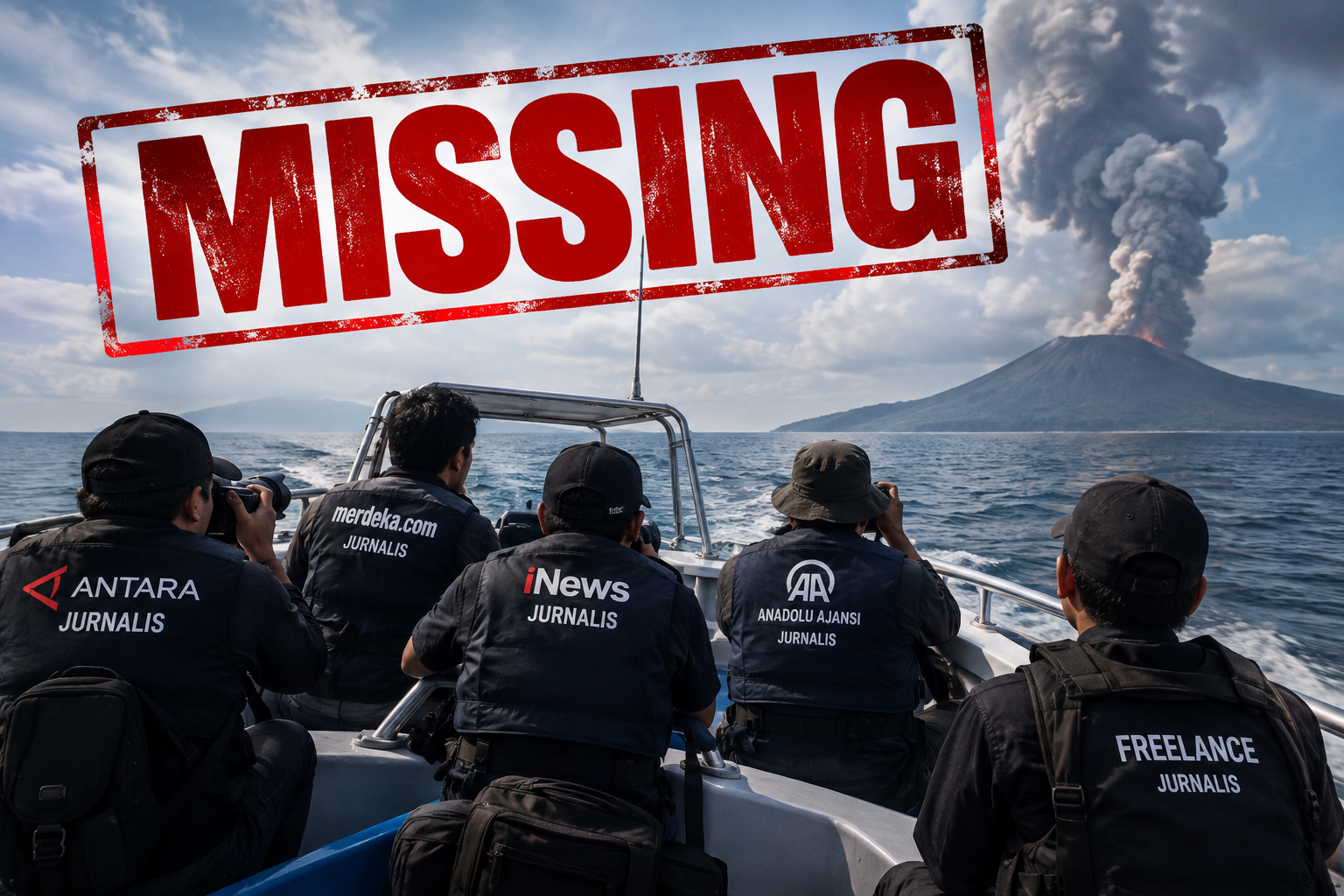 The illustration Journalists Missing in Sunda Strait While on a Mission Covering Mount Anak Krakatau Eruption. Illustrated by AI